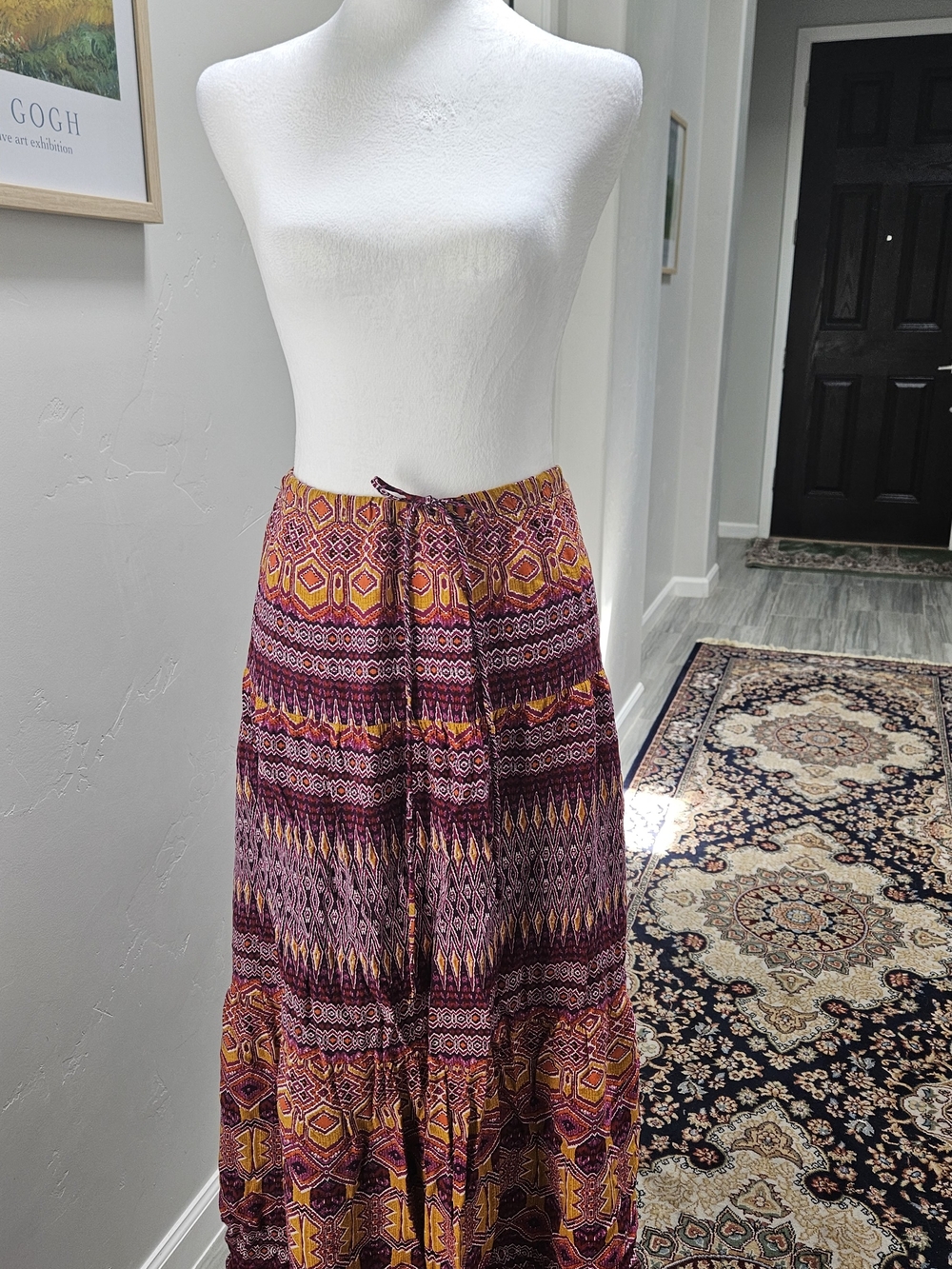 Mossimo Supply Co. Burgundy and Mustard Printed Tiered Maxi Skirt